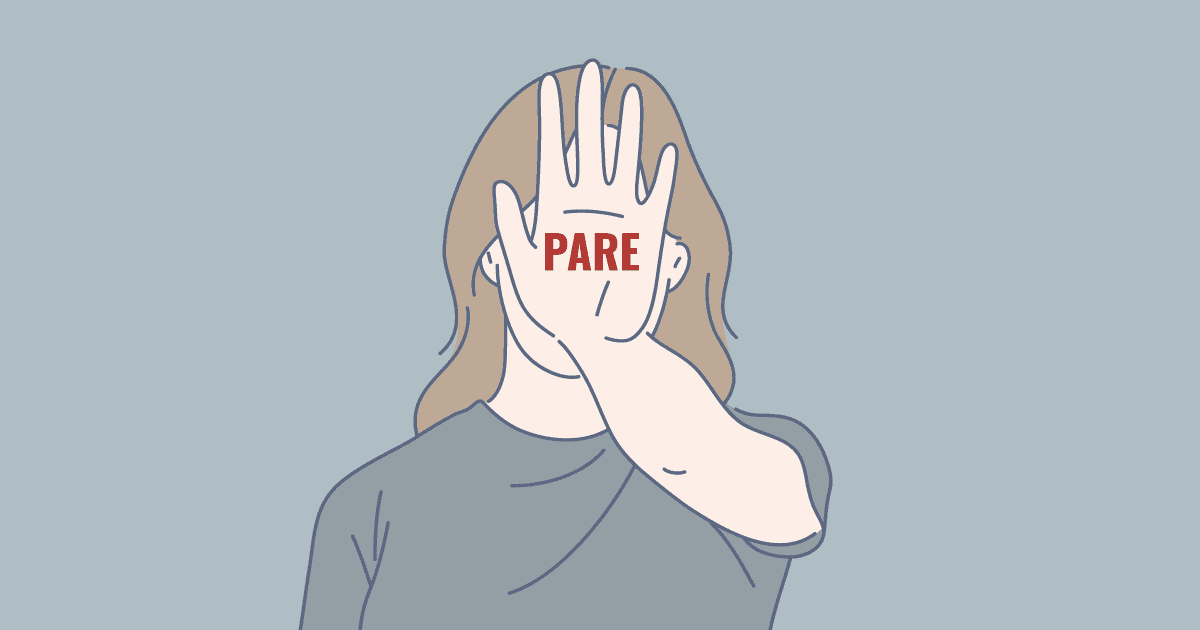 ilustração de uma mulher com uma das mãos estendida à frente em sinal de pare. Lê-se "pare" na palma de sua mão