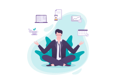 Ilustração de um homem meditando. Ao redor dele há ícones representando o trabalho, gráficos e computador