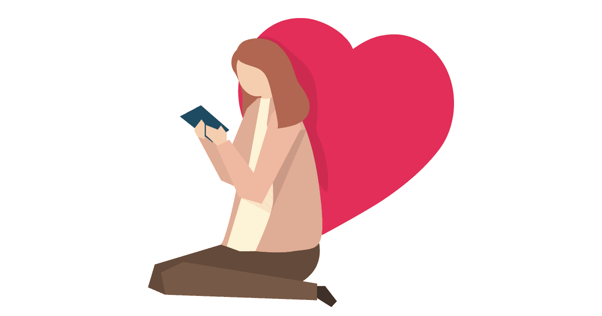 Ilustração de uma mulher sentada olhando seu celular, atrás dela tem um coração rosa gigante