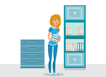 Ilustração de uma mulher organizando uma prateleira de livros. Ela está com 2 livros nas mãos