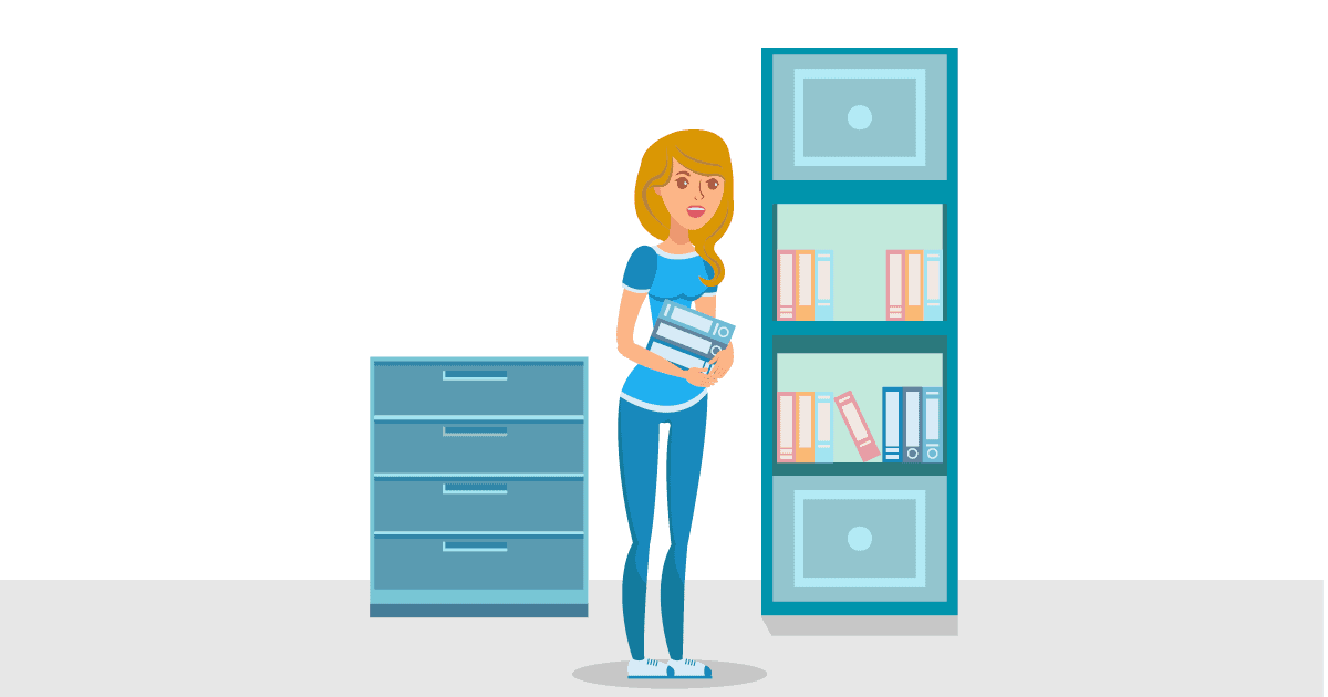 Ilustração de uma mulher organizando uma prateleira de livros. Ela está com 2 livros nas mãos