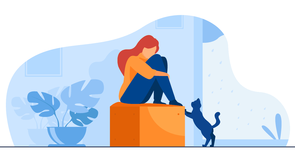 Ilustração de uma mulher sentada em cubo com a cabeça entre os joelhos demonstrando tristeza. à sua frente tem um gato olhando para ela