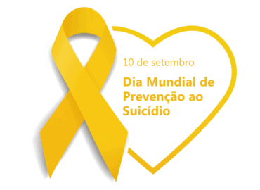 Ilustração de um laço amarelo e um coração na mesma cor. Dentro do coração estão os dizeres: 10 de setembro dia mundial de prevenção ao suicídio