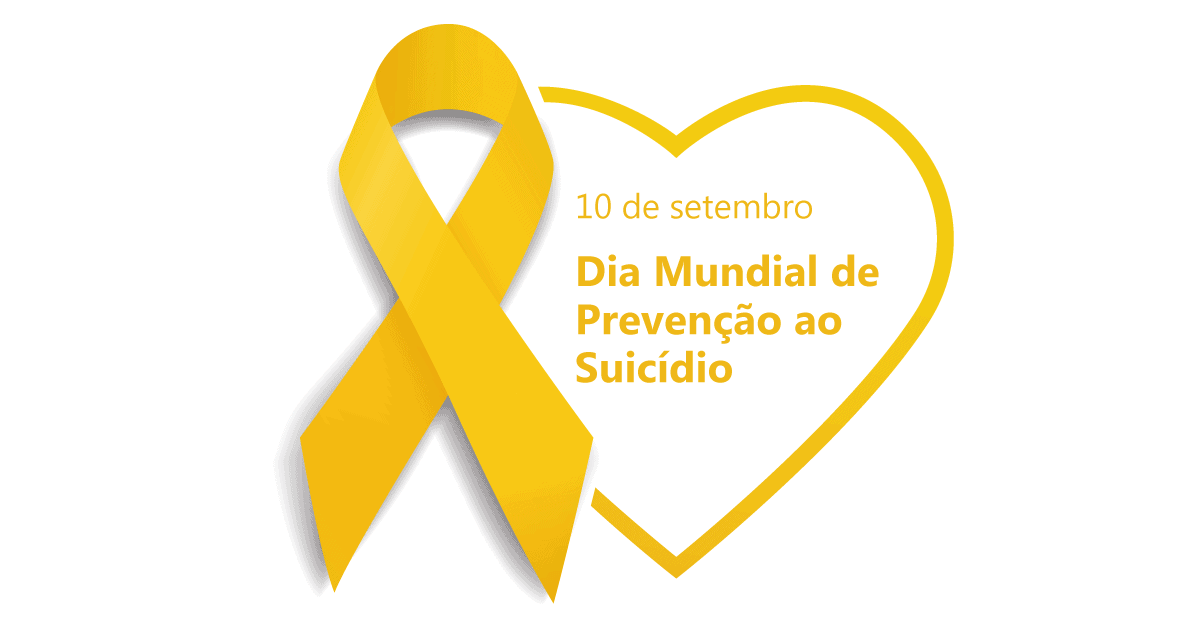 Ilustração de um laço amarelo e um coração na mesma cor. Dentro do coração estão os dizeres: 10 de setembro dia mundial de prevenção ao suicídio