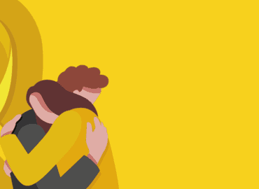 Ilustração de um homem e uma mulher se abraçando. O fundo é amarelo e tem um laço amarelo do lado esquerdo, simbolizando o setembro amarelo.