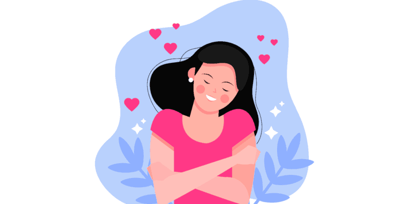 Ilustração de uma mulher sorrindo e se abraçando, demonstrando estar com autoestima em alta. Ao lado dela há pequenos corações vermelhos.