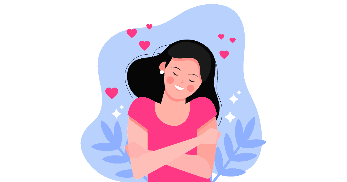 Ilustração de uma mulher sorrindo e se abraçando, demonstrando estar com autoestima em alta. Ao lado dela há pequenos corações vermelhos.