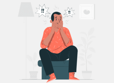 Ilustração de uma homem sentado, com semblante preocupado, demonstrando desequilíbrio emocional. Acima da cabeça dele há dois balões com dois pontos de exclamação em cada um.