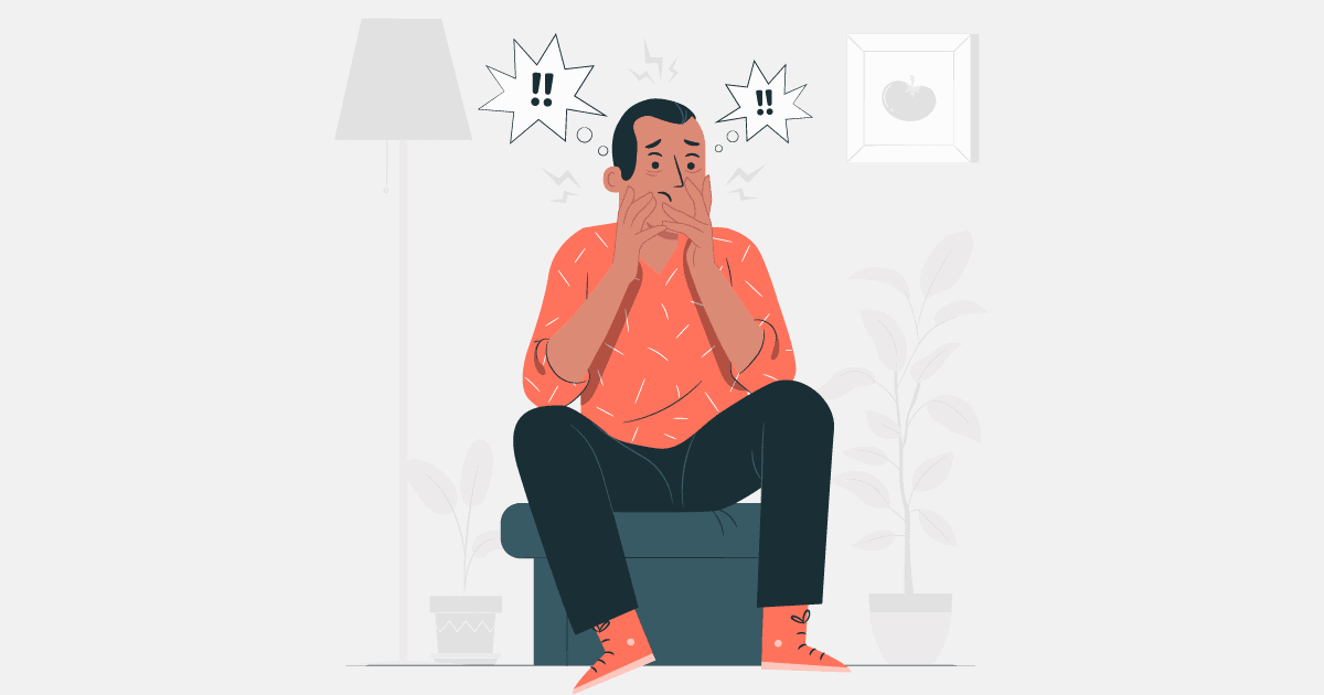 Ilustração de uma homem sentado, com semblante preocupado, demonstrando desequilíbrio emocional. Acima da cabeça dele há dois balões com dois pontos de exclamação em cada um.