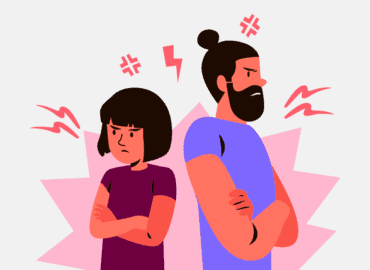 Ilustração de um casal estressado. Eles estão bravos e de costas um para o outro.