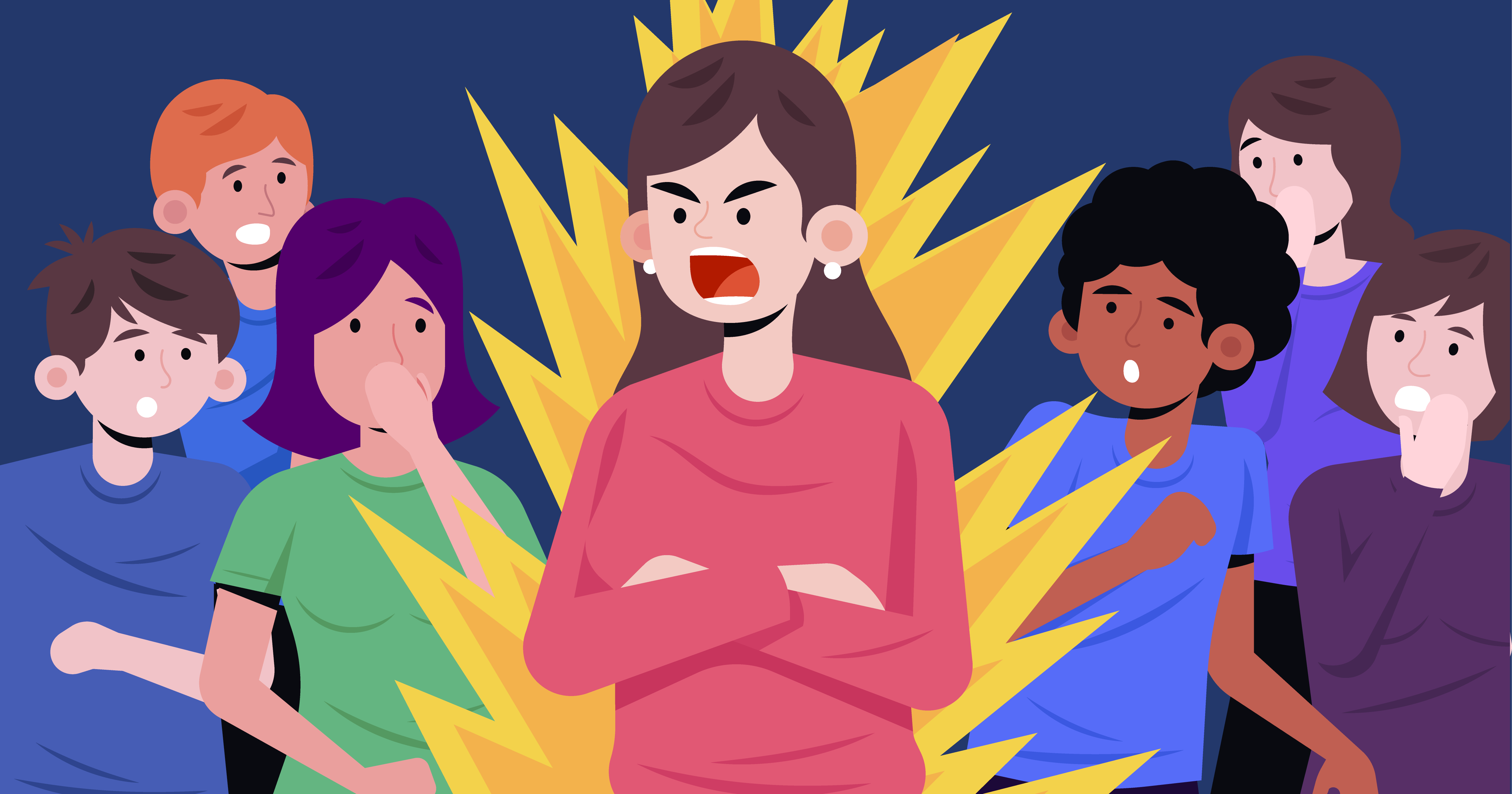 A ilustração apresenta uma mulher tendo uma explosão de raiva, representando o tema do transtorno explosivo intermitente.