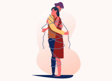 Ilustração de um casal se abraçando. Eles estão amarrados por cordas, demonstrando dependência emocional.