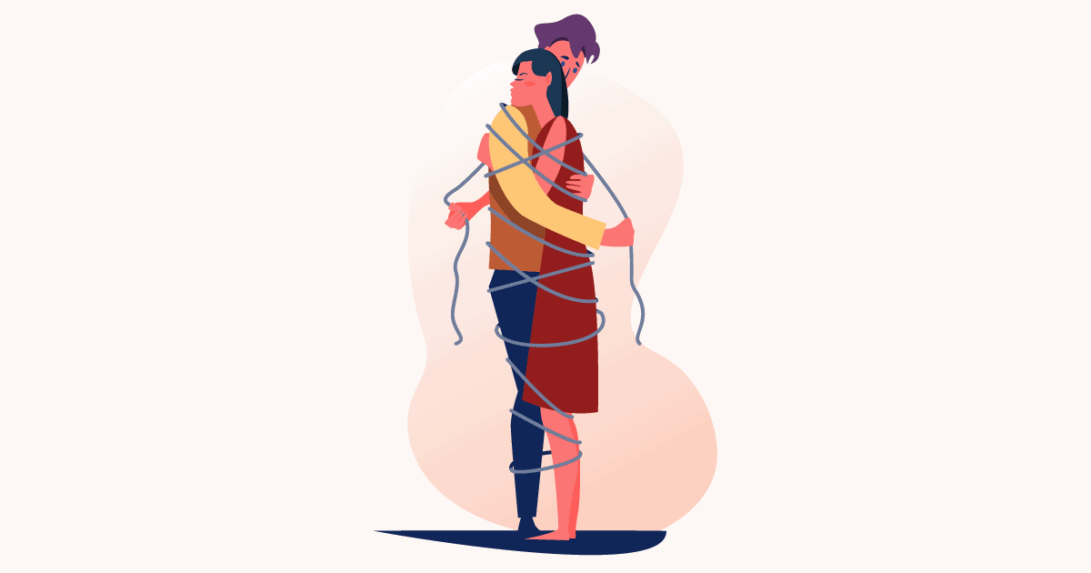 Ilustração de um casal se abraçando. Eles estão amarrados por cordas, demonstrando dependência emocional.