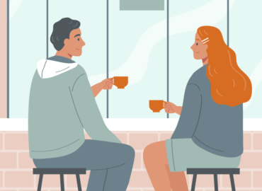 A ilustração apresenta um casal conversando enquanto tomam café.