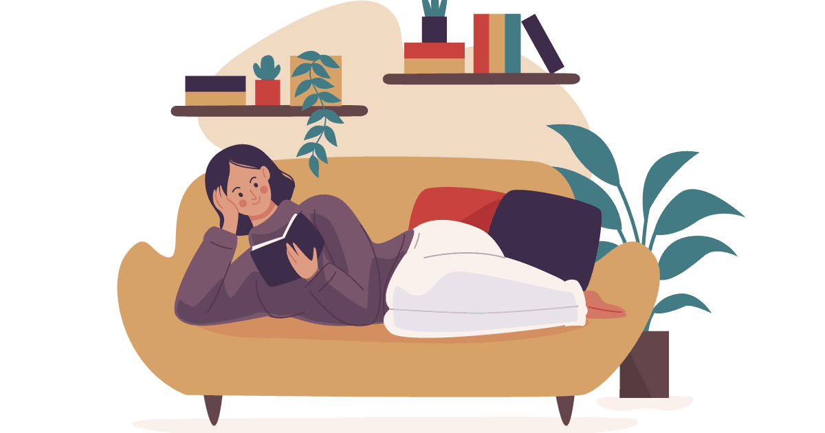 A ilustração apresenta uma mulher deitada no sofá, lendo um livro enquanto relaxa.