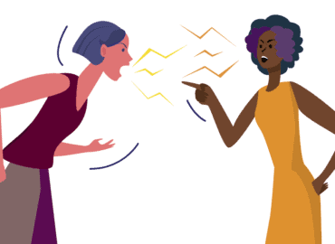 A ilustração apresenta duas mulheres gritando uma com a outra, representando um relacionamento tóxico.