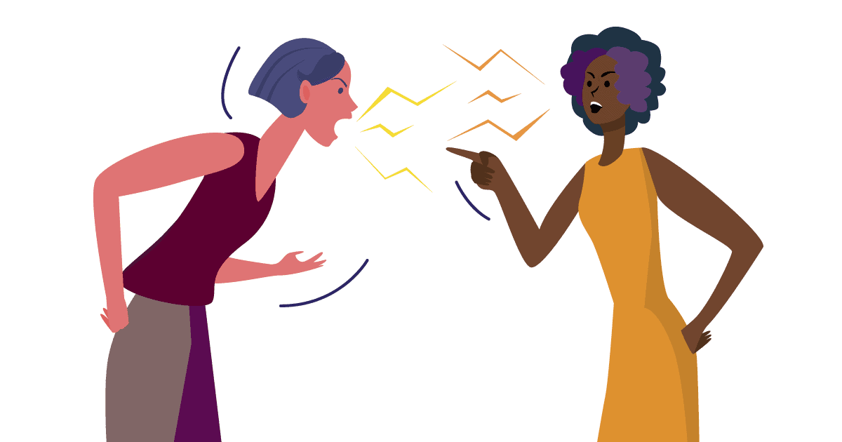 A ilustração apresenta duas mulheres gritando uma com a outra, representando um relacionamento tóxico.