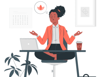 A ilustração apresenta uma mulher meditando em sua cadeira, em frente ao seu computador.