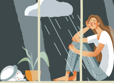 A ilustração apresenta uma mulher sentada em frente a janela, com um olhar triste enquanto observa a chuva, representando a depressão.