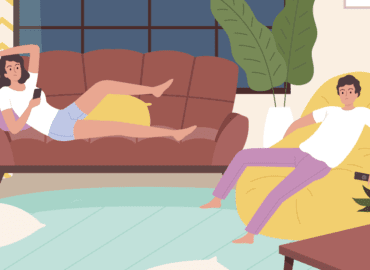 A ilustração apresenta um homem e uma mulher, ambos descansando no sofá e poltrona, de forma que apresente o tema dos motivos para você descansar sem culpa..